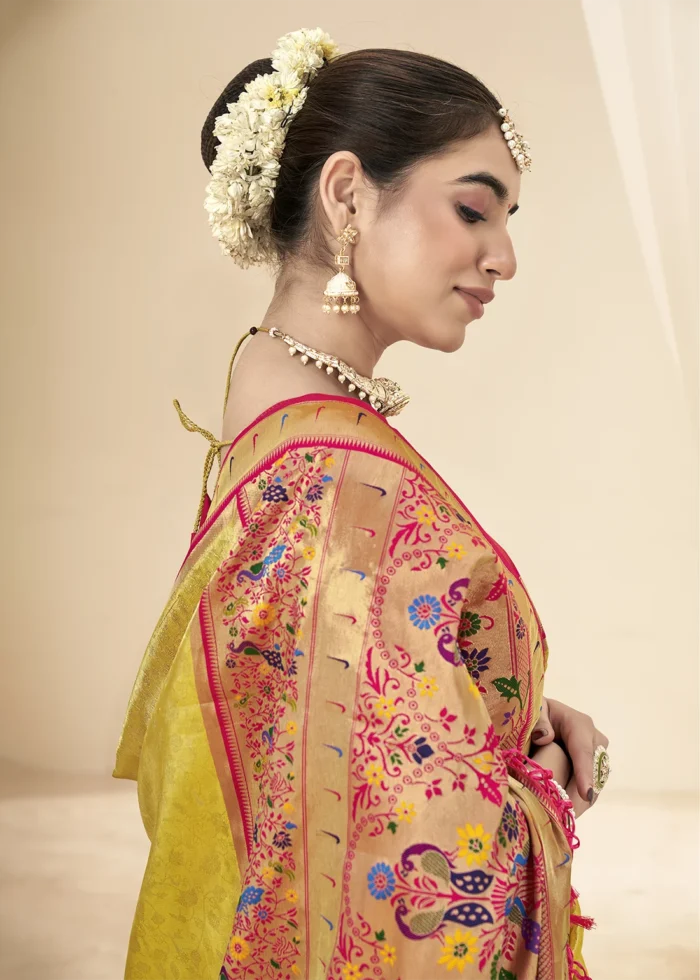 Lemon Yellow Paithani Tissue Silk Saree