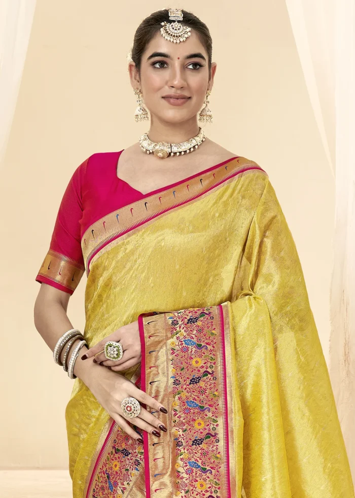 Lemon Yellow Paithani Tissue Silk Saree