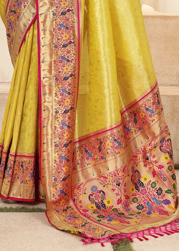 Lemon Yellow Paithani Tissue Silk Saree