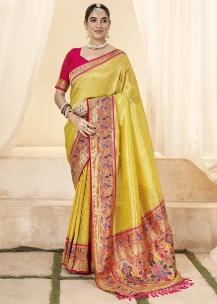 Lemon Yellow Paithani Tissue Silk Saree