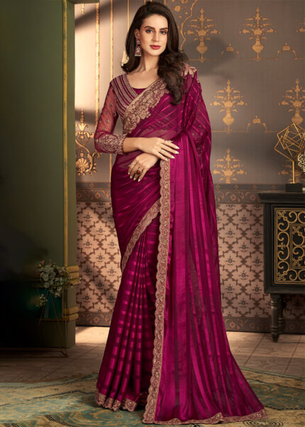 Magenta Embroidered Georgette Brasso Saree