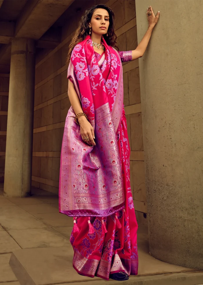 Magenta Zari Woven Satin Silk Saree