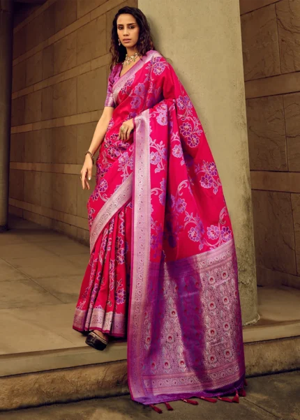 Magenta Zari Woven Satin Silk Saree