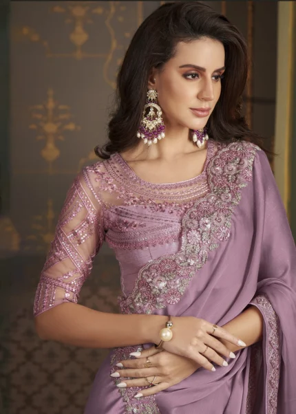 Mauve Embroidered Chiffon Saree