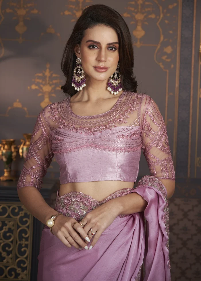 Mauve Embroidered Chiffon Saree