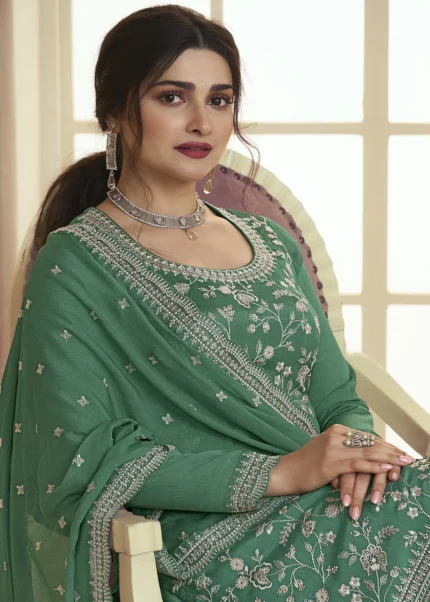 Mint Turquoise Chinon Embroidered Sharara Suit