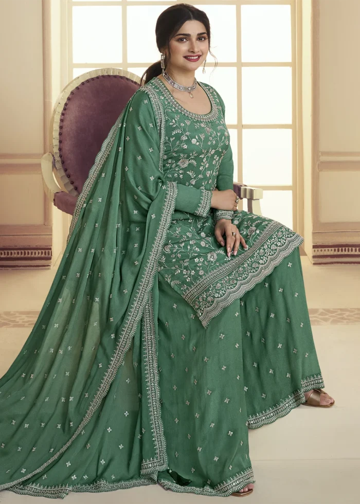 Mint Turquoise Chinon Embroidered Sharara Suit