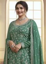 Mint Turquoise Chinon Embroidered Sharara Suit