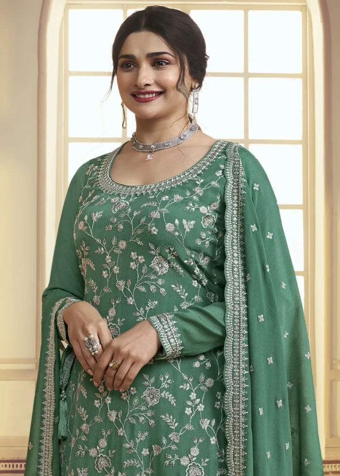 Mint Turquoise Chinon Embroidered Sharara Suit