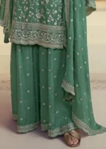 Mint Turquoise Chinon Embroidered Sharara Suit