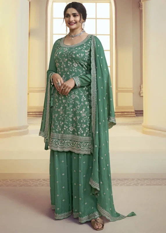 Mint Turquoise Chinon Embroidered Sharara Suit