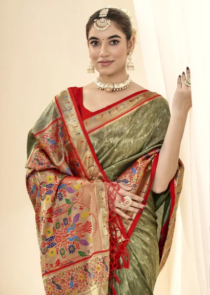 Olive Green Paithani Tissue Silk Saree