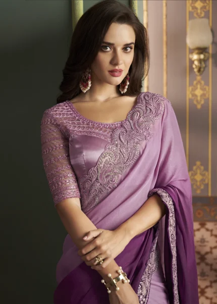 Ombré Purple Embroidered Georgette Saree