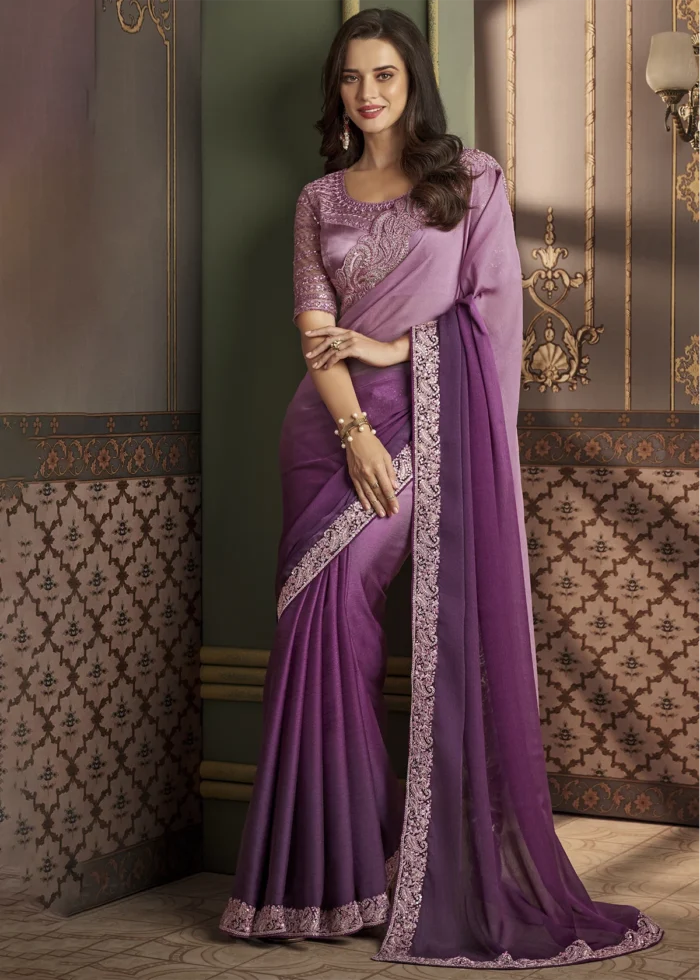 Ombré Purple Embroidered Georgette Saree