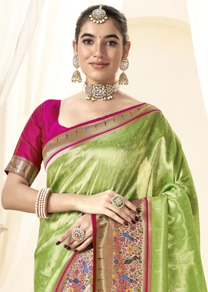 Pista Green Paithani Tissue Silk Saree