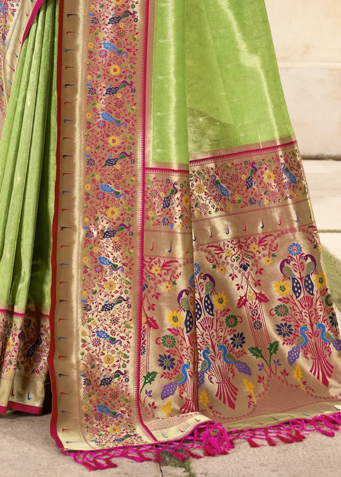 Pista Green Paithani Tissue Silk Saree