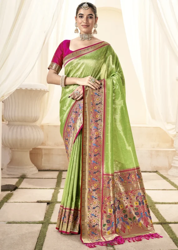 Pista Green Paithani Tissue Silk Saree