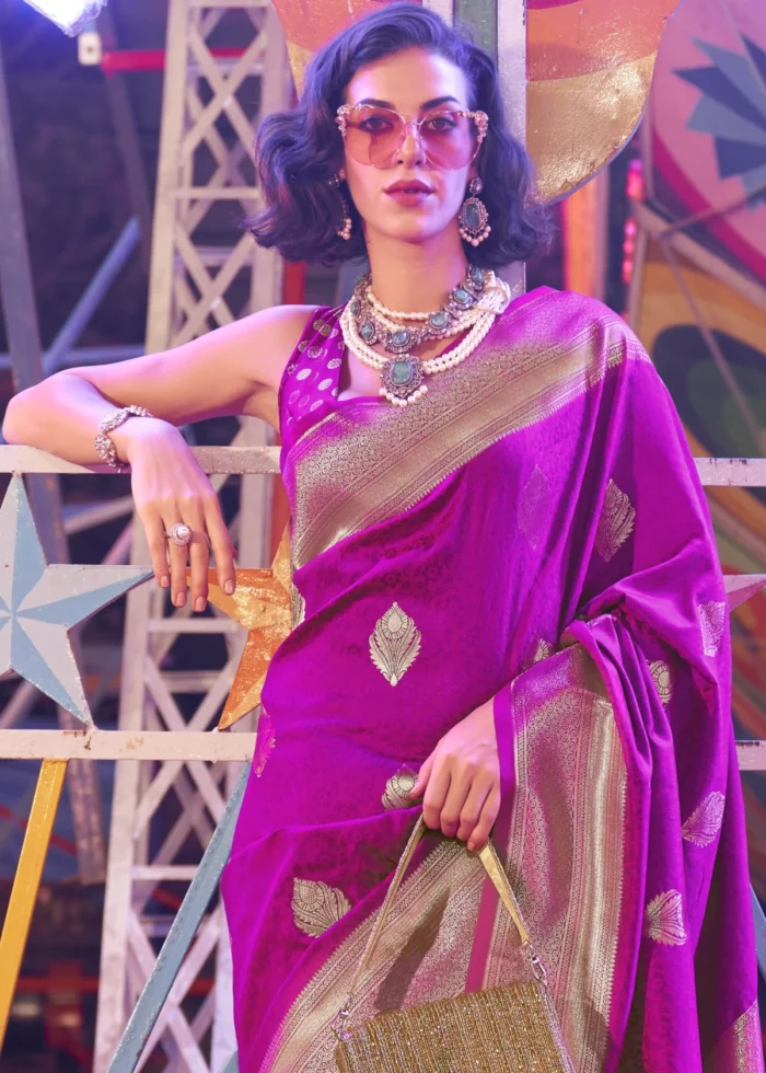 Purple Banarasi Silk Saree with Blouse Piece