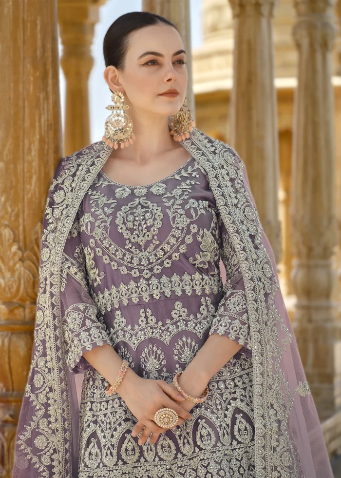 Purple Embroidered Anarkali Suit Set