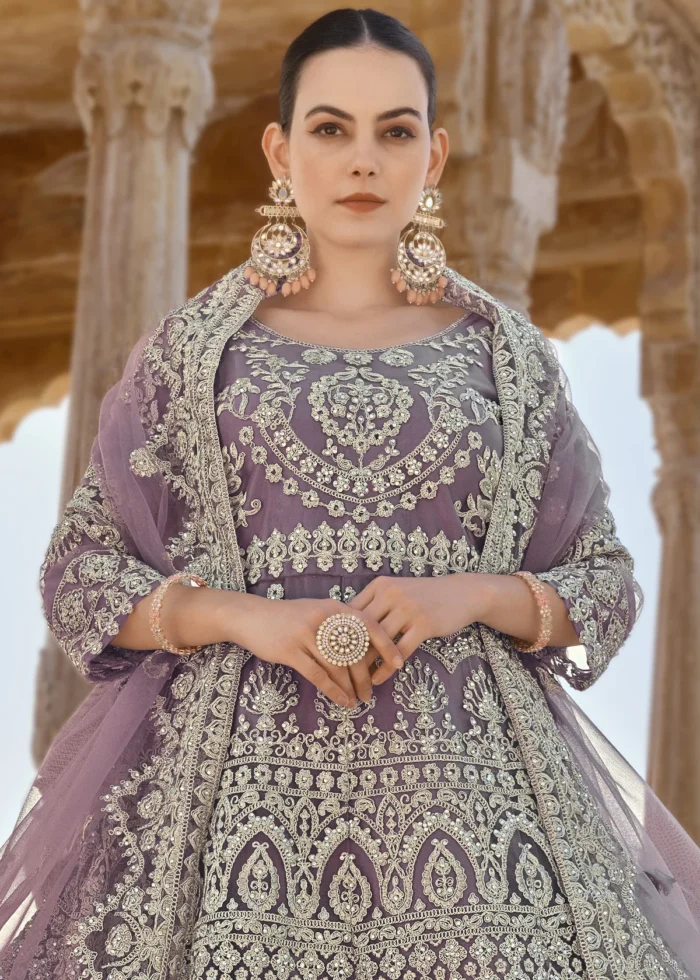 Purple Embroidered Anarkali Suit Set