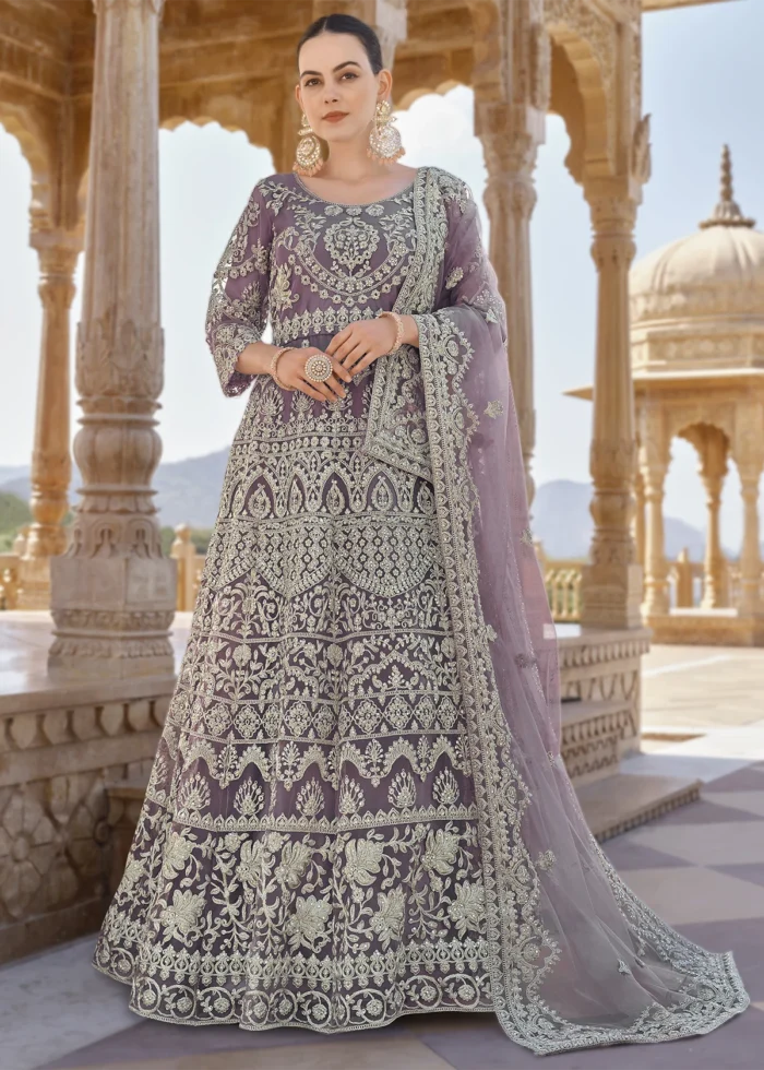 Purple Embroidered Anarkali Suit Set