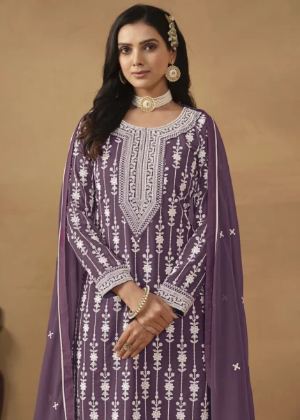 Purple Embroidered Georgette Gharara Suit