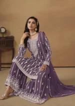 Purple Embroidered Georgette Sharara Suit