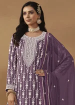 Purple Embroidered Georgette Sharara Suit