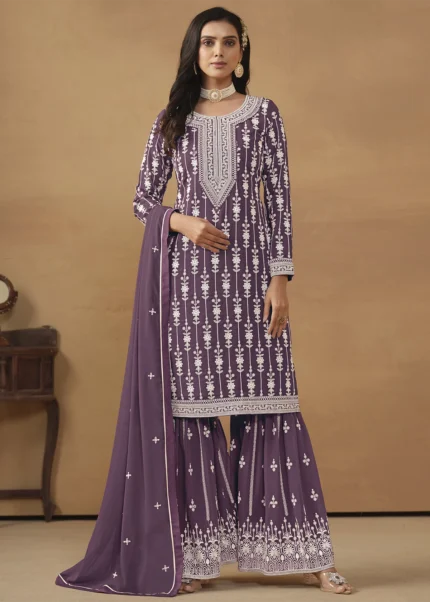 Purple Embroidered Georgette Gharara Suit