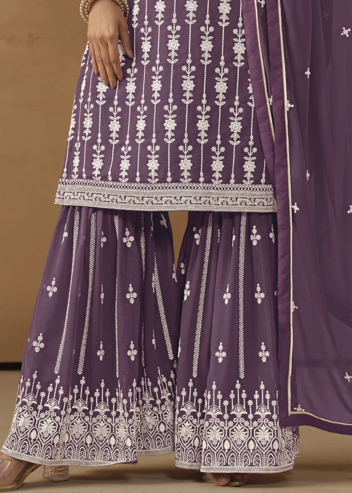 Purple Embroidered Georgette Sharara Suit