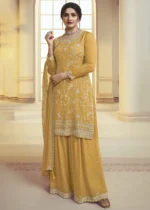 Saffron Yellow Chinon Embroidered Sharara Suit