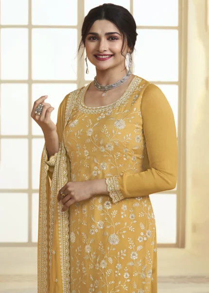 Saffron Yellow Chinon Embroidered Sharara Suit