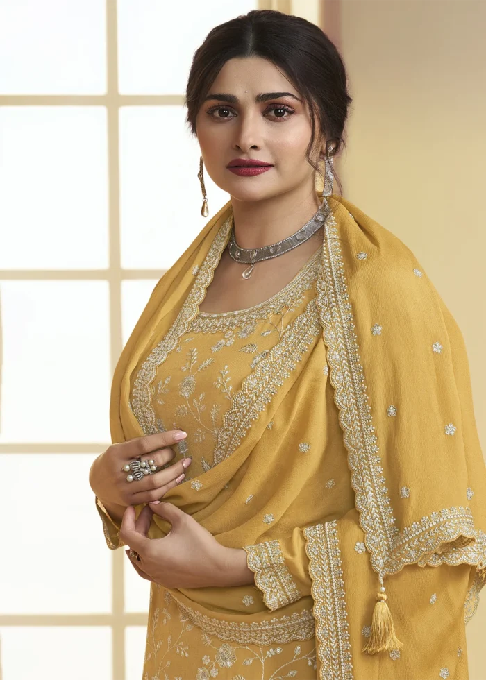 Saffron Yellow Chinon Embroidered Sharara Suit