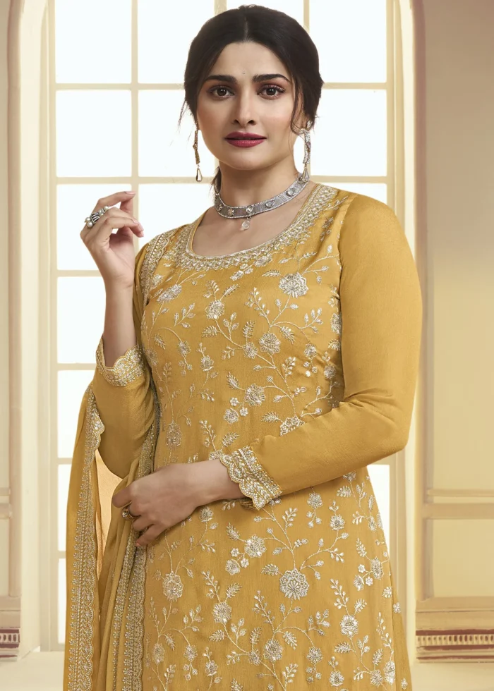 Saffron Yellow Chinon Embroidered Sharara Suit