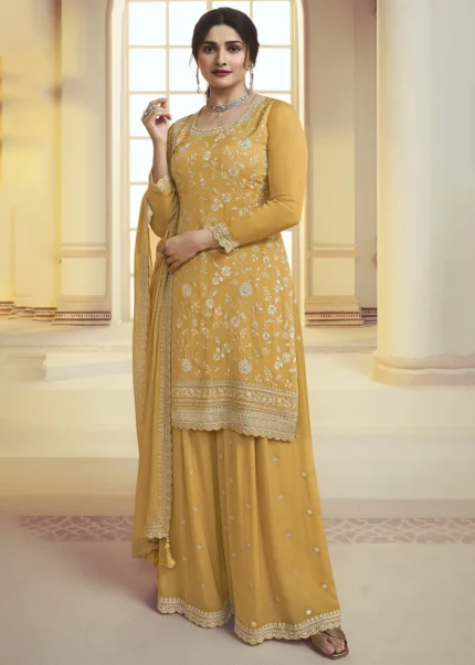 Saffron Yellow Chinon Embroidered Sharara Suit