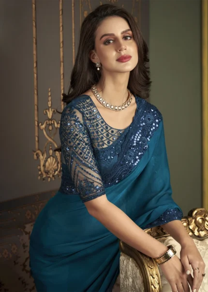 Teal Blue Embroidered Chiffon Saree