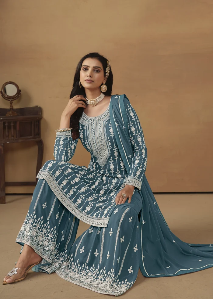 Teal Blue Embroidered Georgette Gharara Suit