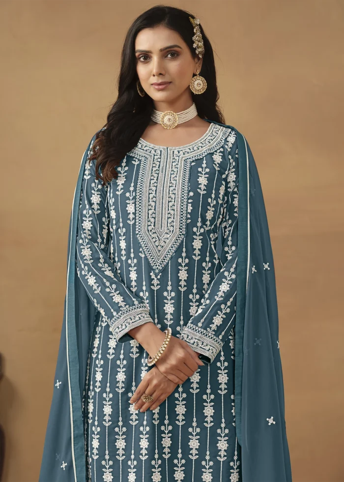 Teal Blue Embroidered Georgette Gharara Suit