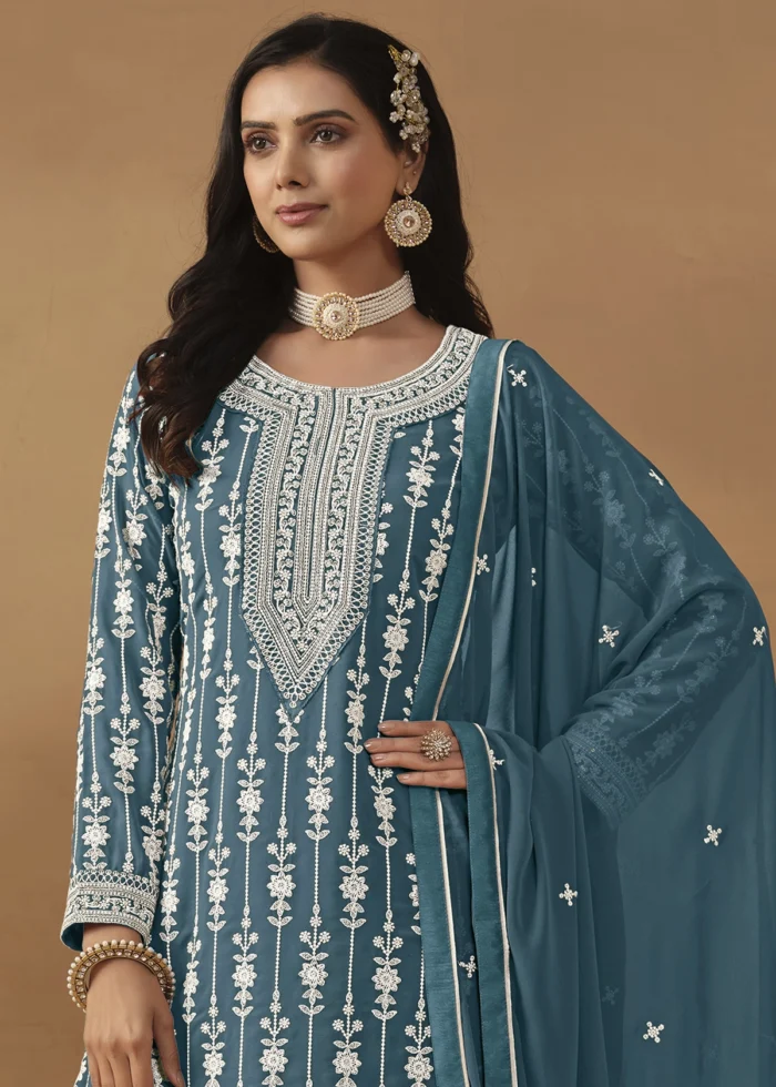 Teal Blue Embroidered Georgette Gharara Suit