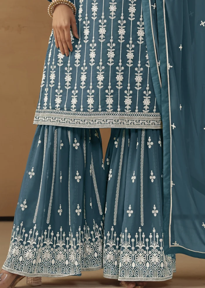 Teal Blue Embroidered Georgette Gharara Suit