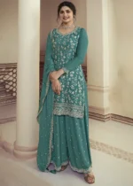 Teal Chinon Embroidered Sharara Suit