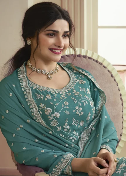 Teal Chinon Embroidered Sharara Suit