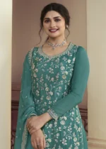 Teal Chinon Embroidered Sharara Suit