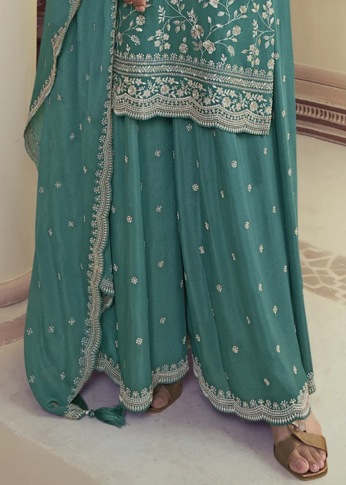 Teal Chinon Embroidered Sharara Suit