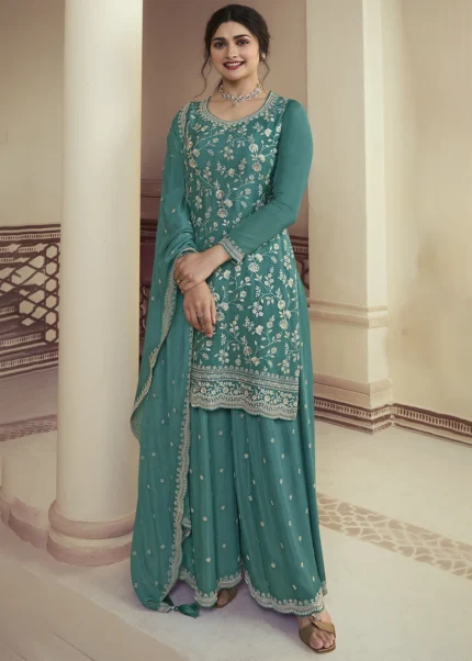 Teal Chinon Embroidered Sharara Suit