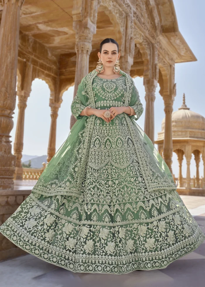 Teal Embroidered Anarkali Suit Set