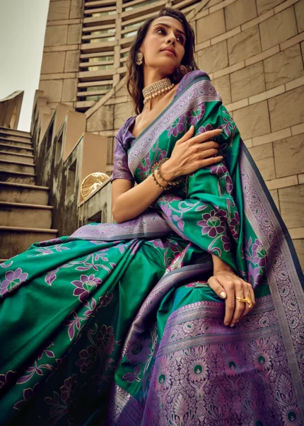 Teal Zari Woven Satin Silk Saree