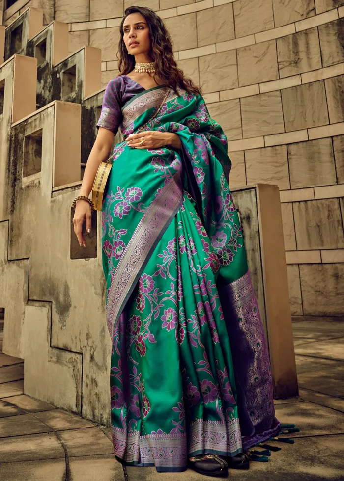 Teal Zari Woven Satin Silk Saree