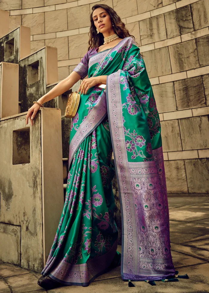 Teal Zari Woven Satin Silk Saree