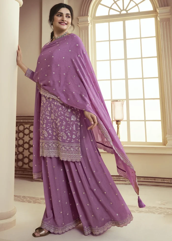 Thistle Purple Chinon Embroidered Sharara Suit